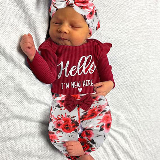 Newborn Baby Girl 'Hello I'm New Here' Romper Set